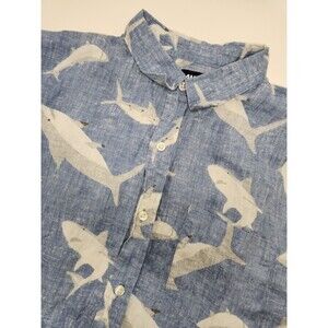 Land's End‎ Shirt Men's M 15-15.5 Blue Short Sleeve 100% Linen Button Up Sharks
